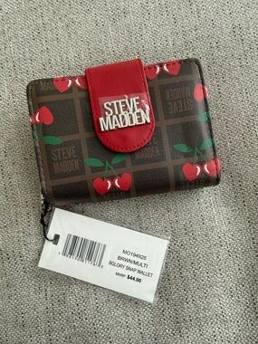 Steve Madden Brown Cherry Print Snap Wallet with Red Tab